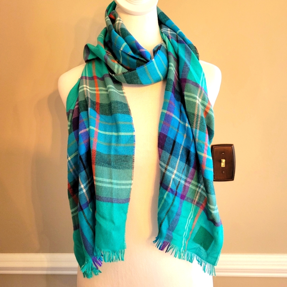 Vibrant Plaid Cashmink Blue Green Scarf